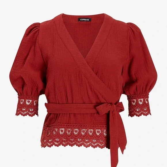 Express Women’s Textured Lace Trim‎ Belted Wrap Front Top. Medium. NWT - Picture 3 of 6